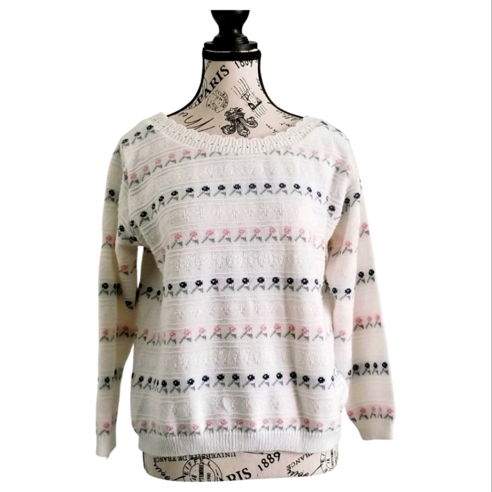 Vintage 80s Avon Floral Knit Sweater Ivory White Soft Knit Medium